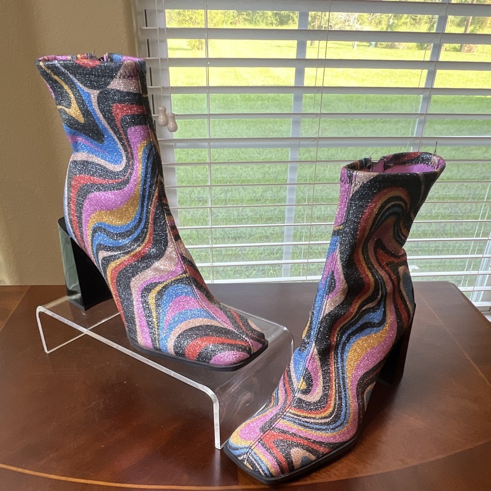 Gianni Bini Multicolor Glitter Mod Abstract Print Ankle Bootie Shoes Sz 6M 70s